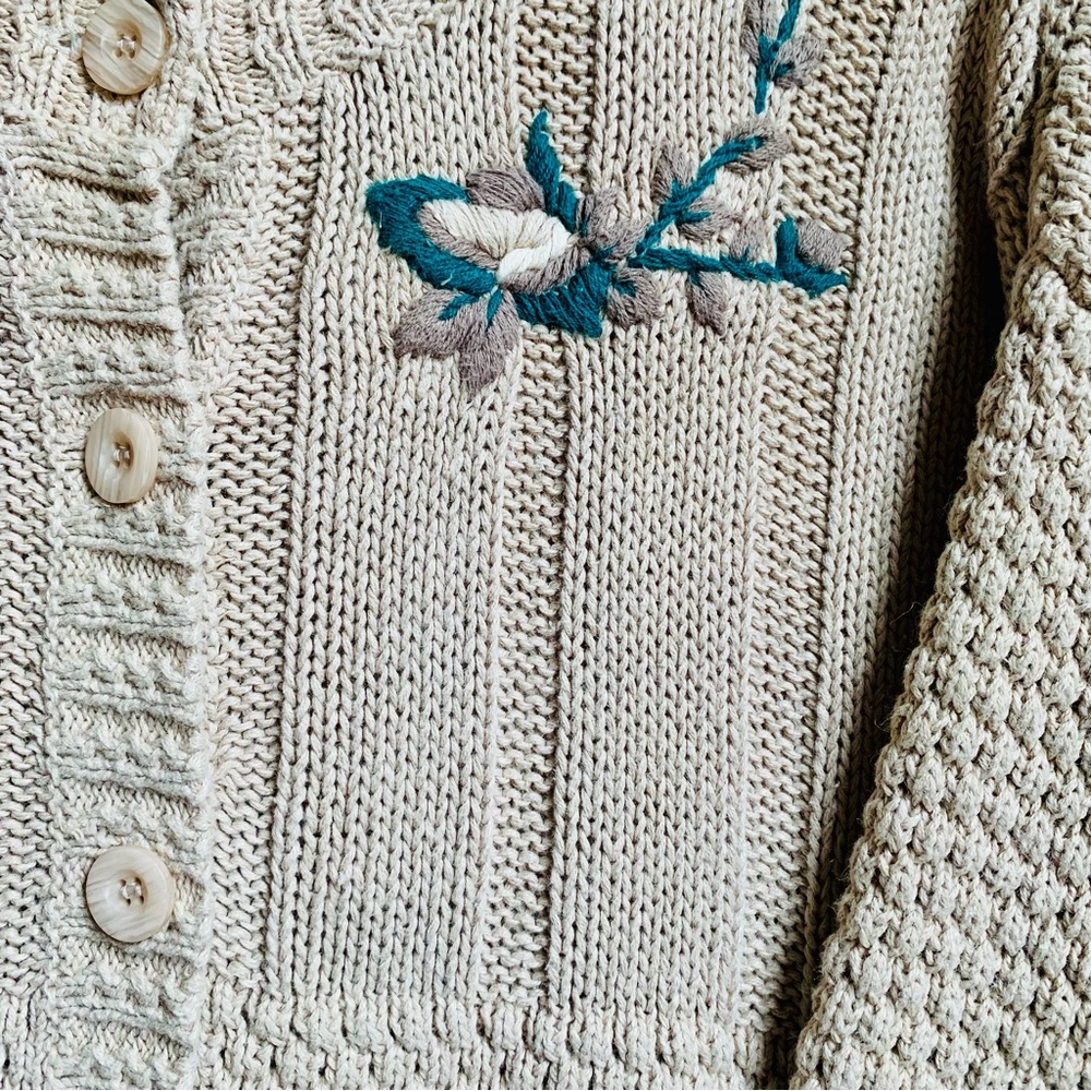 VTG Autograph American Ramie Cotton Tan Beige Knit Embroidered Cardigan Sweater - Picture 8 of 11